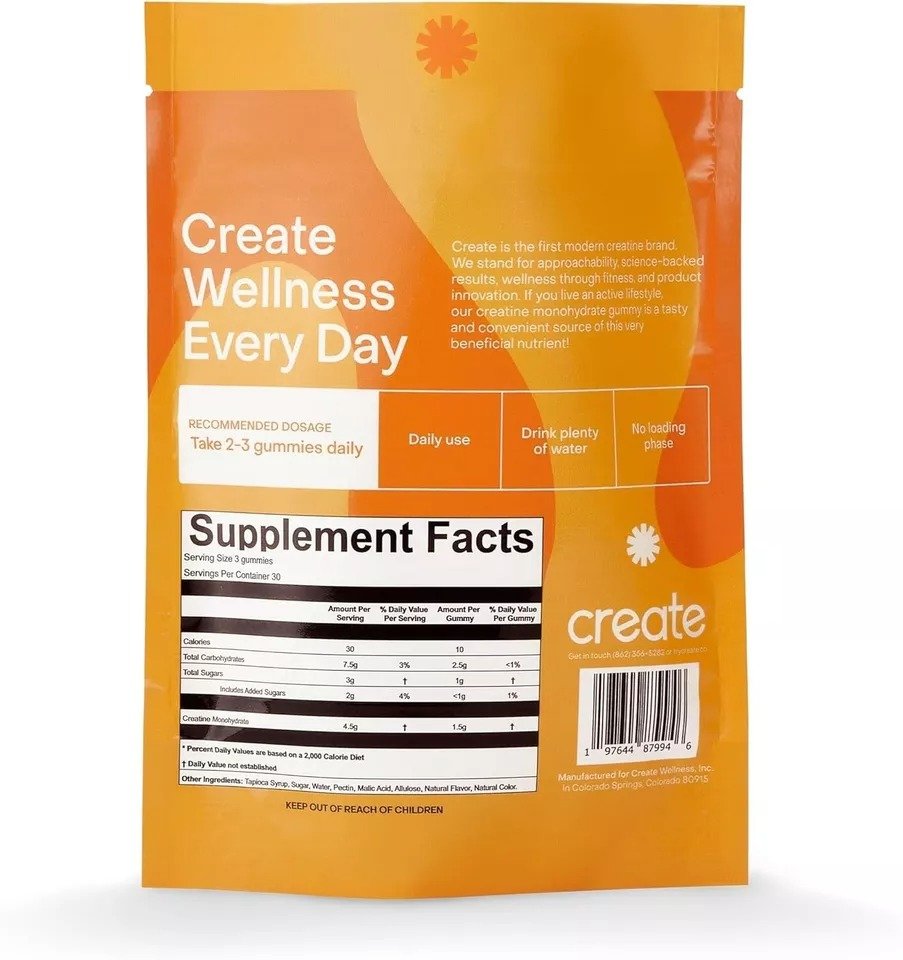 Create Creatine Monohydrate Gummies for Men & Women-Orange, 90 ct